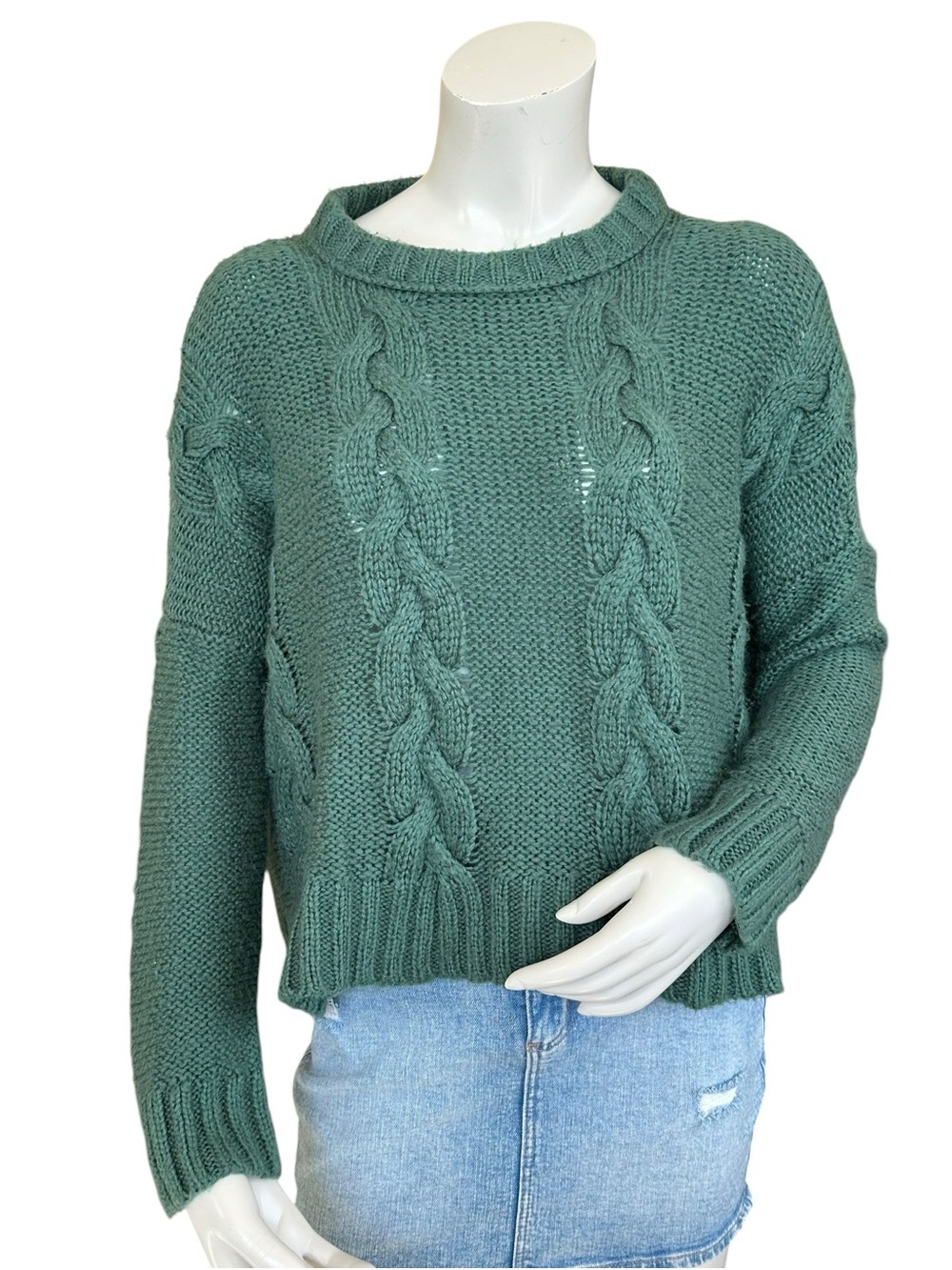 Wooden Ships Forest Green Cable knit Wool Mohair Blend Cropped Sweater XS/S